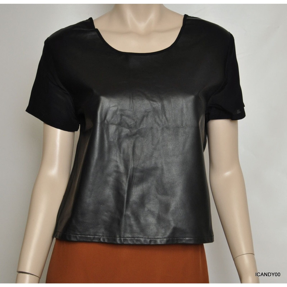 Piper Gore Leather/Silk Short Sleeve Top Tee Blouse Black M New $280